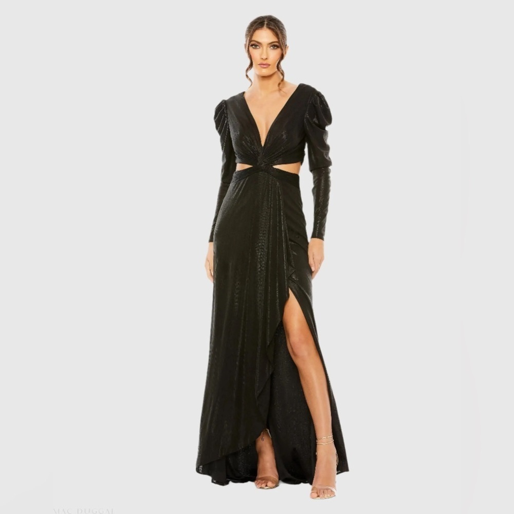 Mac Duggal 27060 NWT Black Princess Sleeve Cut Out Metallic Gown